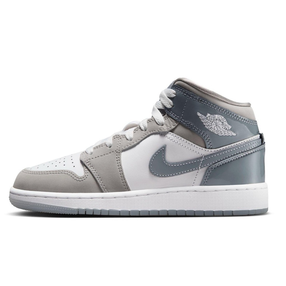 Sz 5y Kids' Gray and White mid Top Jordan 1s Sneakers